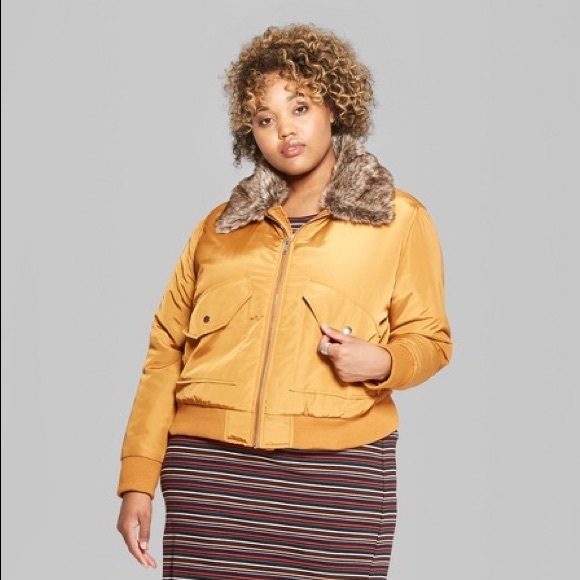 New Removable faux fur collar bomber Jacket -Camel - Picture 3 of 8